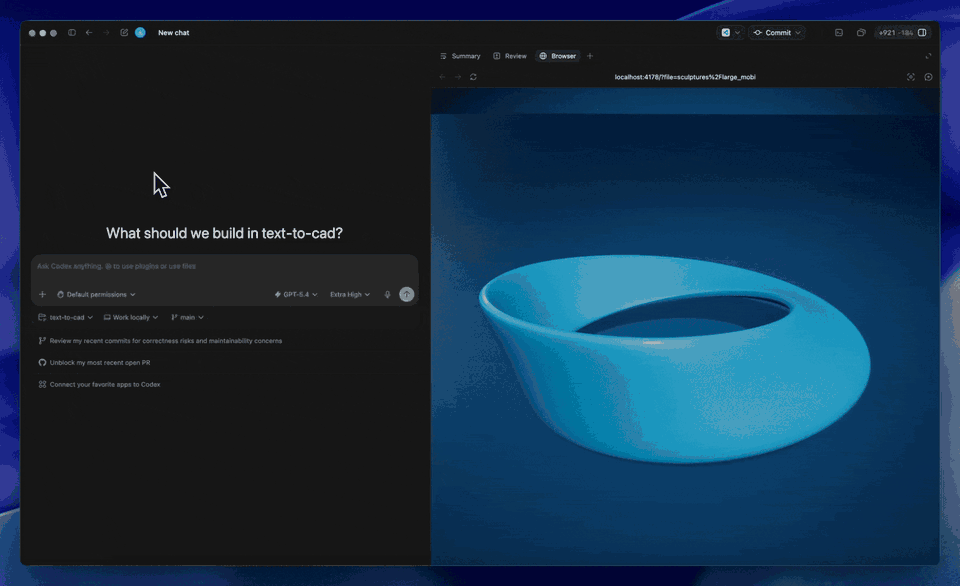 Demo of the text-to-cad harness generating and previewing CAD geometry